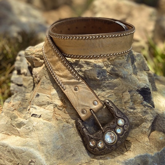 Western Vintage Tan Leather Belt with Studded Details